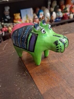 Handpainted Green Hippo Figurine with Black & Purple Accents